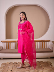 Fuchsia Pink Raw Silk Suit With Hand Embroidery