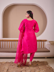 Fuchsia Pink Raw Silk Suit With Hand Embroidery