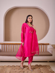 Fuchsia Pink Raw Silk Suit With Hand Embroidery