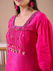 Fuchsia Pink Raw Silk Suit With Hand Embroidery