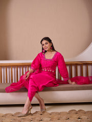 Fuchsia Pink Raw Silk Suit With Hand Embroidery