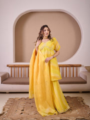 Ombre Yellow Leheriya Georgette Suit Set With Hand Embellished & Gota Hangings