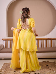 Ombre Yellow Leheriya Georgette Suit Set With Hand Embellished & Gota Hangings