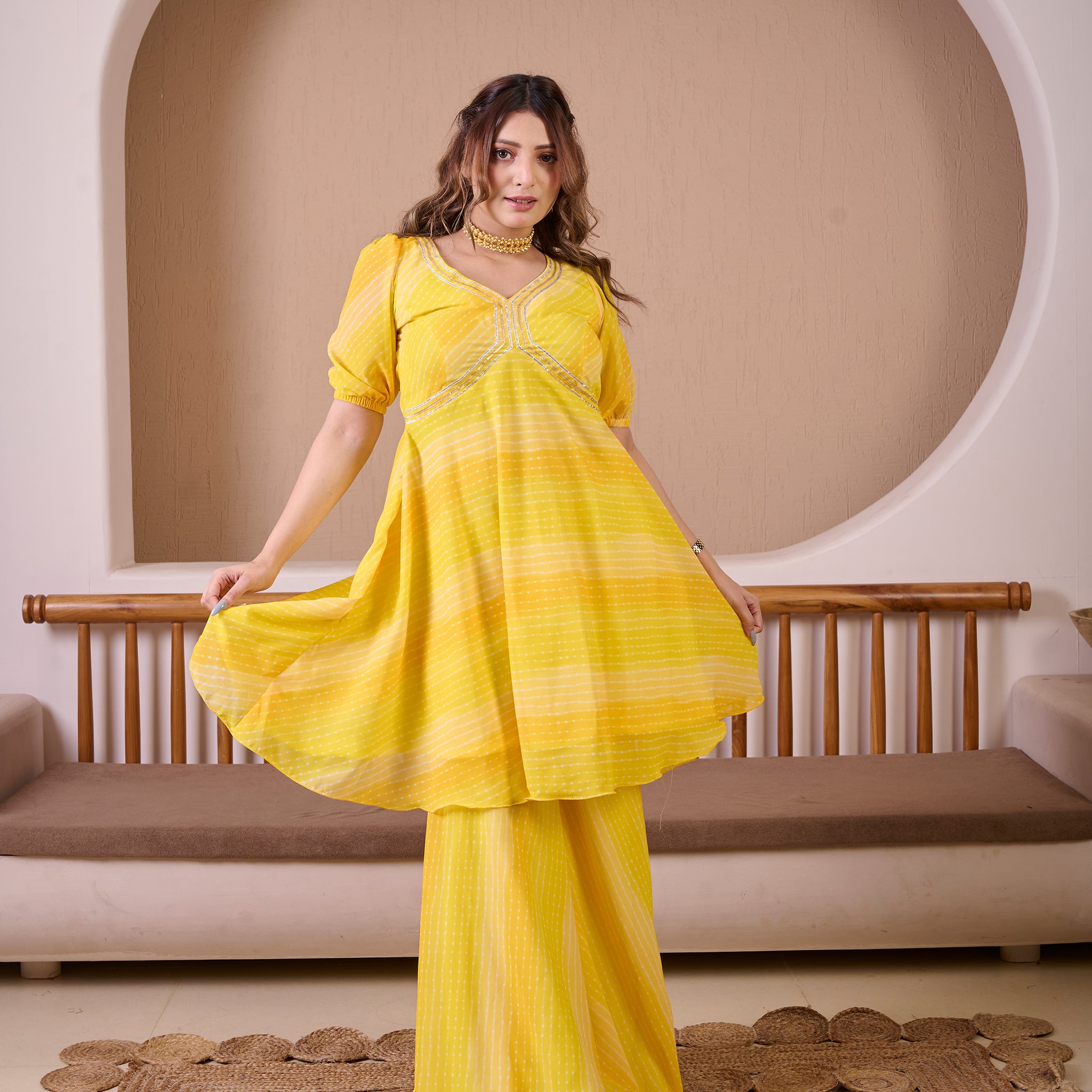 Ombre Yellow Leheriya Georgette Suit Set With Hand Embellished & Gota Hangings