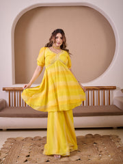 Ombre Yellow Leheriya Georgette Suit Set With Hand Embellished & Gota Hangings