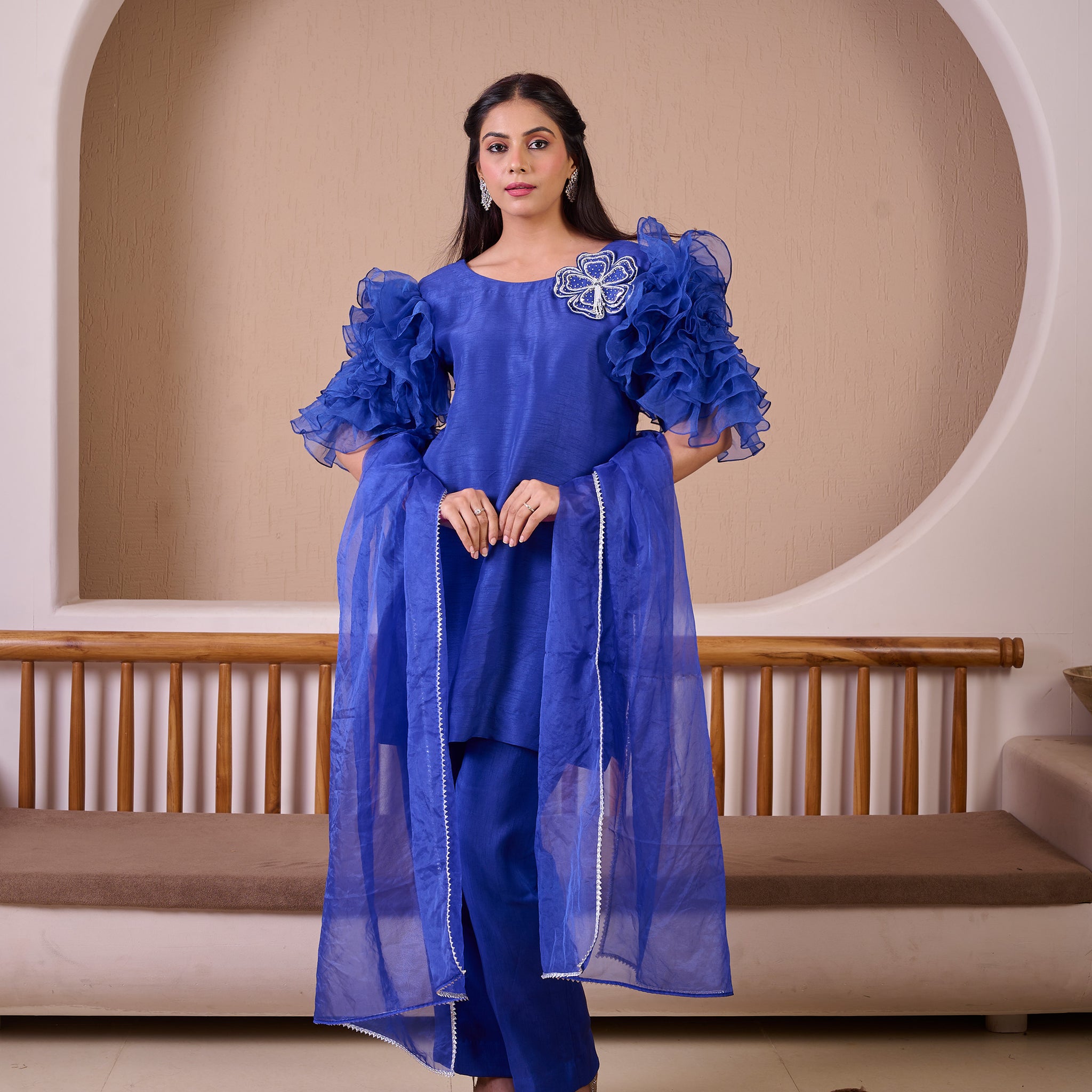 Royal Blue Raw Silk Suit With Hand Emroidery & Rose Ruffled Sleeves