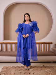 Royal Blue Raw Silk Suit With Hand Emroidery & Rose Ruffled Sleeves