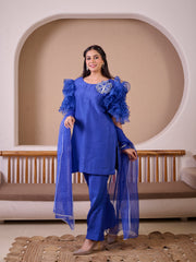 Royal Blue Raw Silk Suit With Hand Emroidery & Rose Ruffled Sleeves