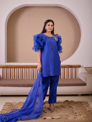 Royal Blue Raw Silk Suit With Hand Emroidery & Rose Ruffled Sleeves