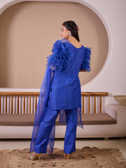 Royal Blue Raw Silk Suit With Hand Emroidery & Rose Ruffled Sleeves