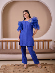 Royal Blue Raw Silk Suit With Hand Emroidery & Rose Ruffled Sleeves