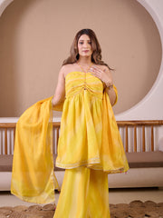 Sunheri Yellow Ombre Leheriya Suit Set With Gota Detailings