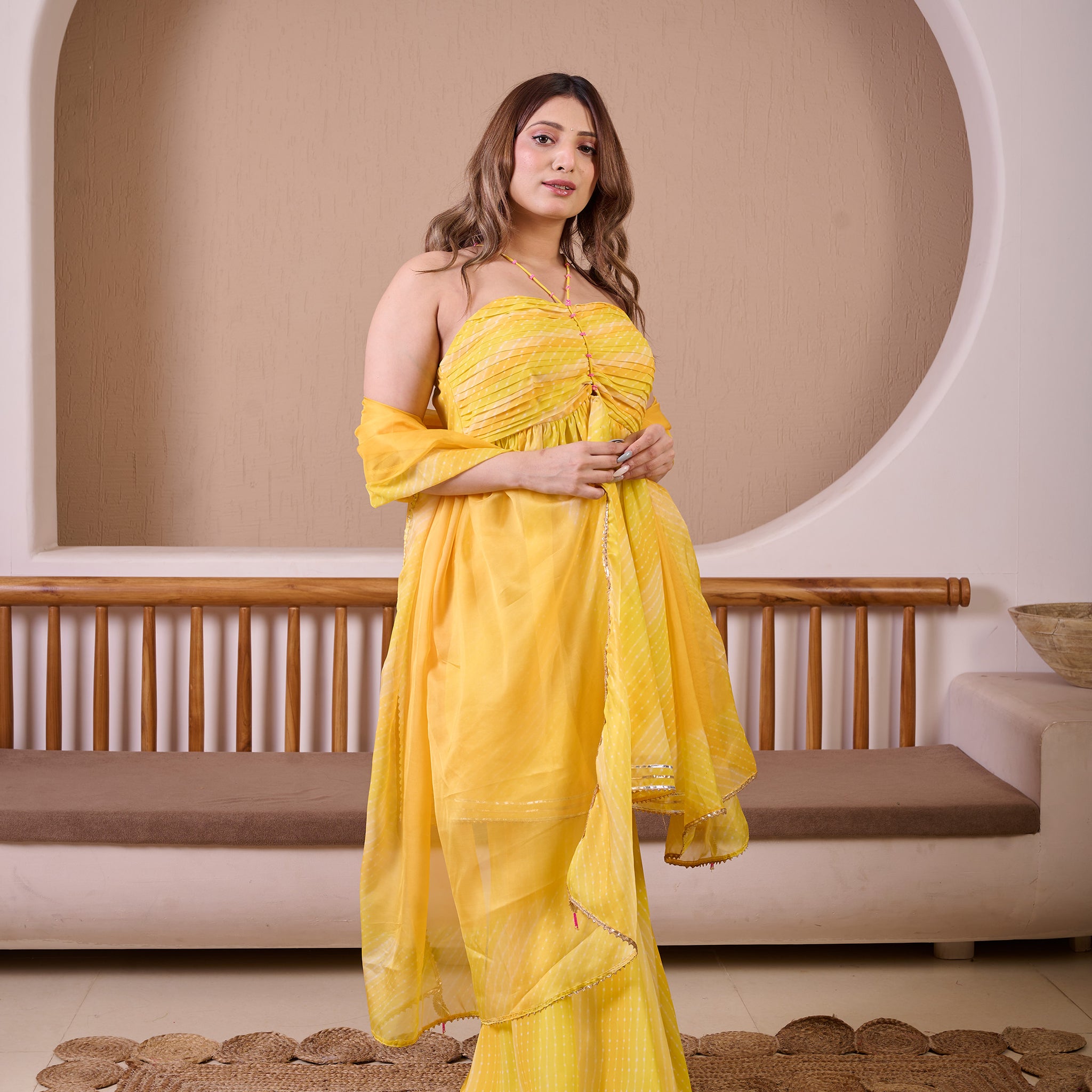 Sunheri Yellow Ombre Leheriya Suit Set With Gota Detailings
