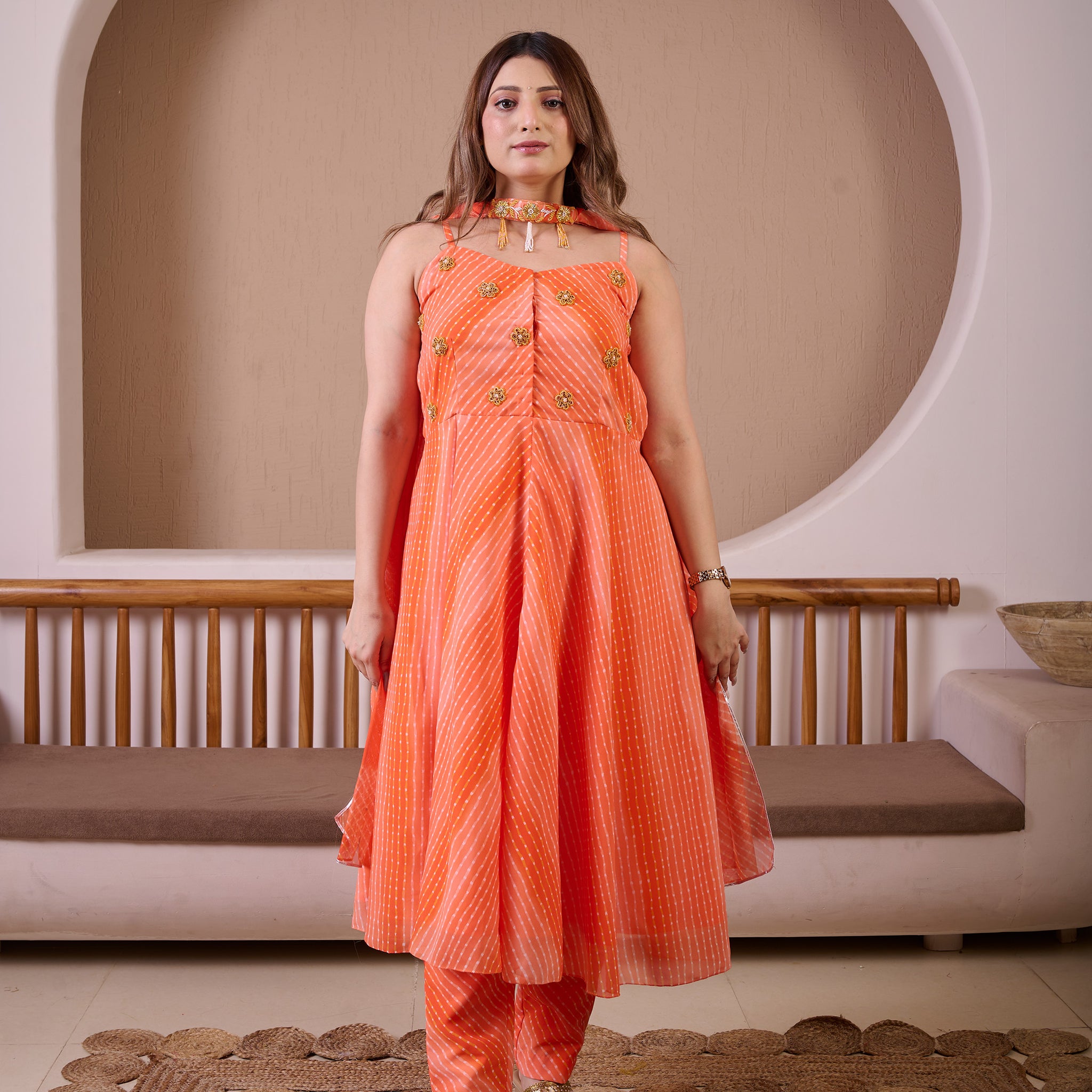 Tangy Orange Ombre Leheriya Hand Embroidered Suit Set With Choker Style Dupatta