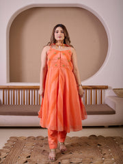 Tangy Orange Ombre Leheriya Hand Embroidered Suit Set With Choker Style Dupatta