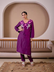 Flying Flamingo Purple Silk Hand Embroidered Suit Set