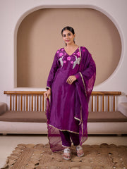 Flying Flamingo Purple Silk Hand Embroidered Suit Set