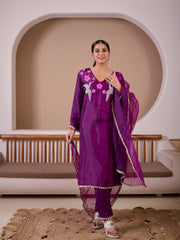 Flying Flamingo Purple Silk Hand Embroidered Suit Set