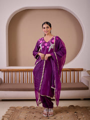 Flying Flamingo Purple Silk Hand Embroidered Suit Set