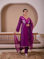 Flying Flamingo Purple Silk Hand Embroidered Suit Set