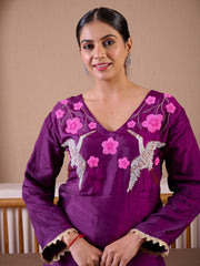 Flying Flamingo Purple Silk Hand Embroidered Suit Set