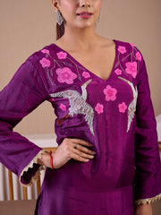 Flying Flamingo Purple Silk Hand Embroidered Suit Set