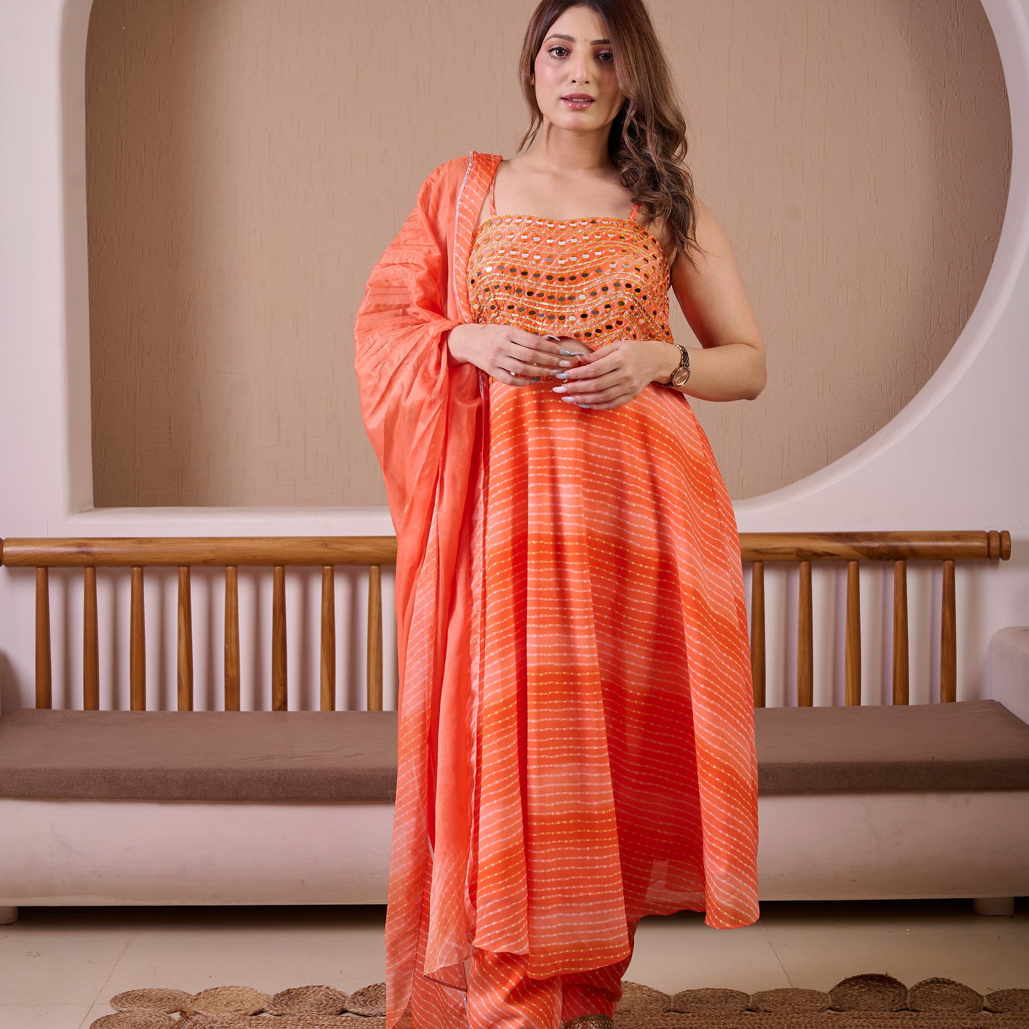 Tangy Orange Ombre Leheriya Hand Embroidered Suit Set With Mirror Work