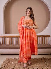 Tangy Orange Ombre Leheriya Hand Embroidered Suit Set With Mirror Work