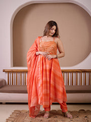 Tangy Orange Ombre Leheriya Hand Embroidered Suit Set With Mirror Work