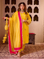 Panchi Yellow Silk Hand Embroidered Suit Set