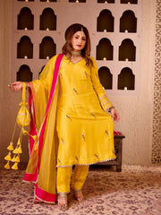 Panchi Yellow Silk Hand Embroidered Suit Set