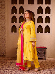 Panchi Yellow Silk Hand Embroidered Suit Set