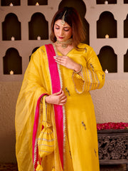 Panchi Yellow Silk Hand Embroidered Suit Set