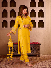 Panchi Yellow Silk Hand Embroidered Suit Set