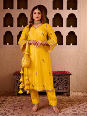 Panchi Yellow Silk Hand Embroidered Suit Set