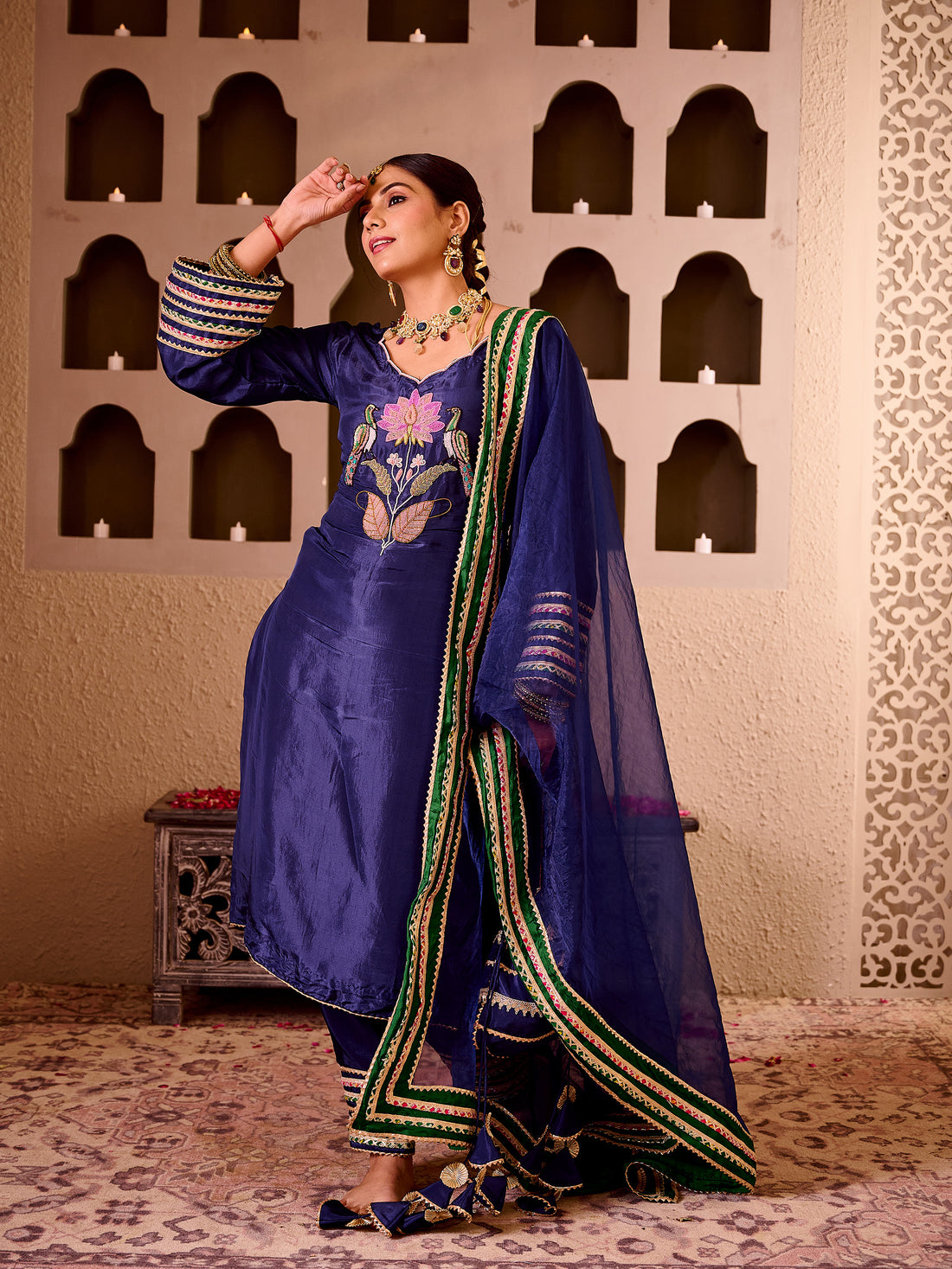 Kamal Navy Blue Silk Hand Embroidered Suit Set