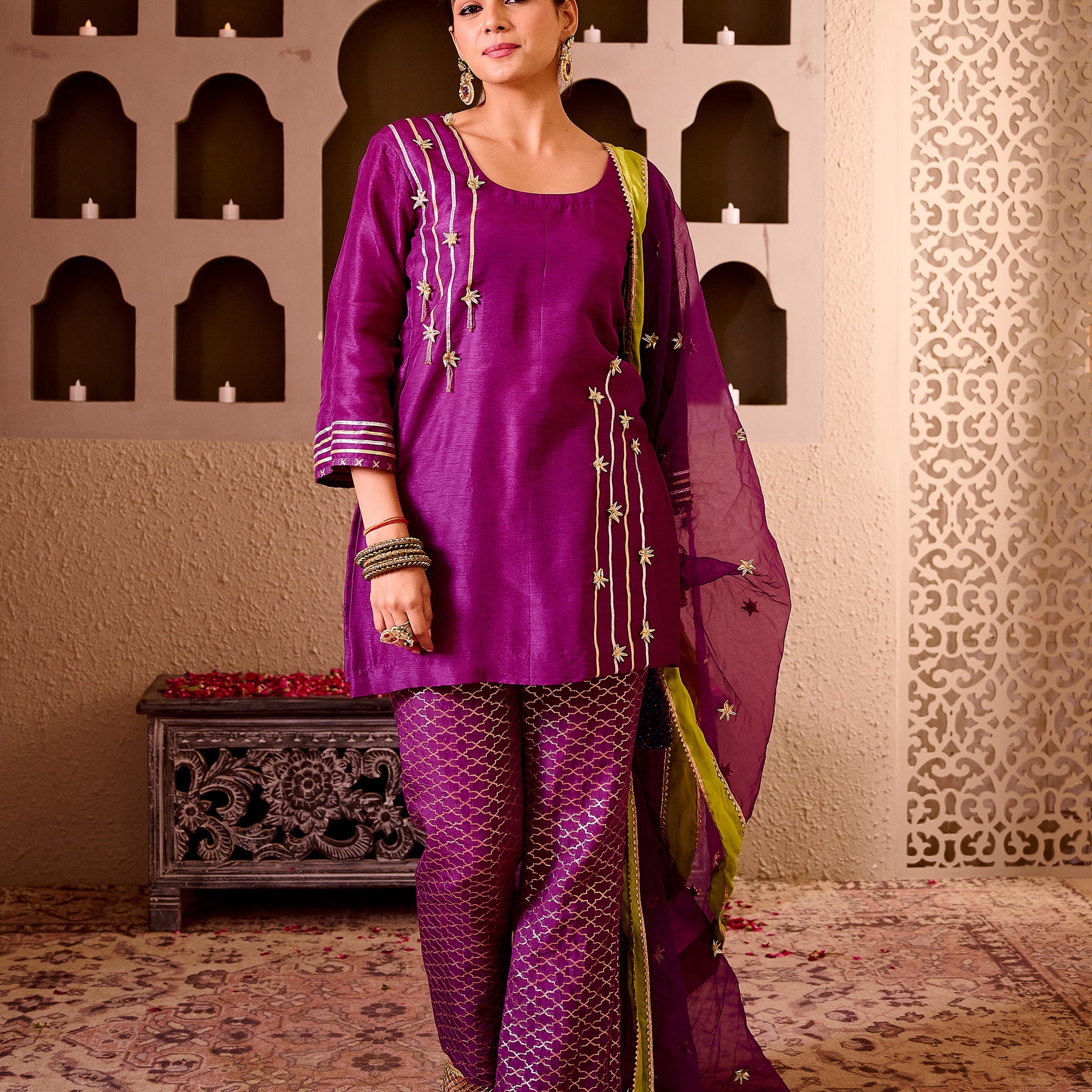 Purple Silk Suit With Gota Work