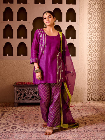Purple Silk Suit With Gota Work