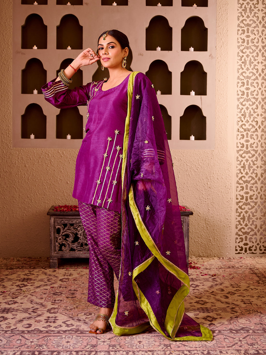 Purple Silk Suit With Gota Work