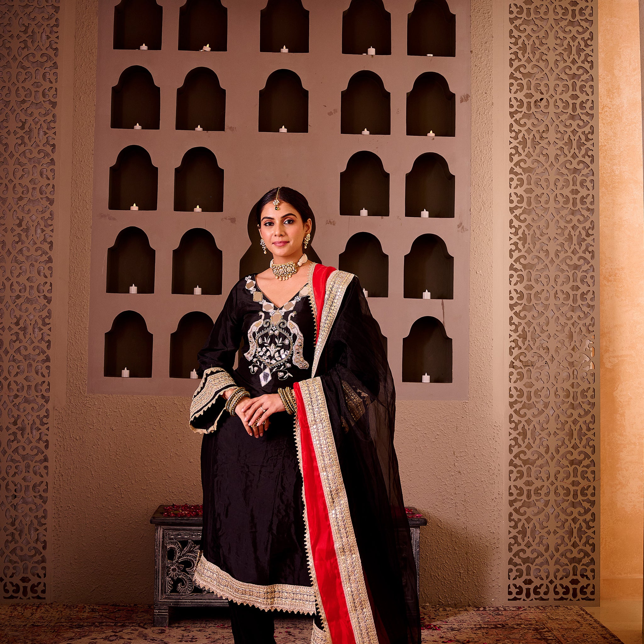 Sheeshmahal Black  Silk Hand Embroidered Suit Set