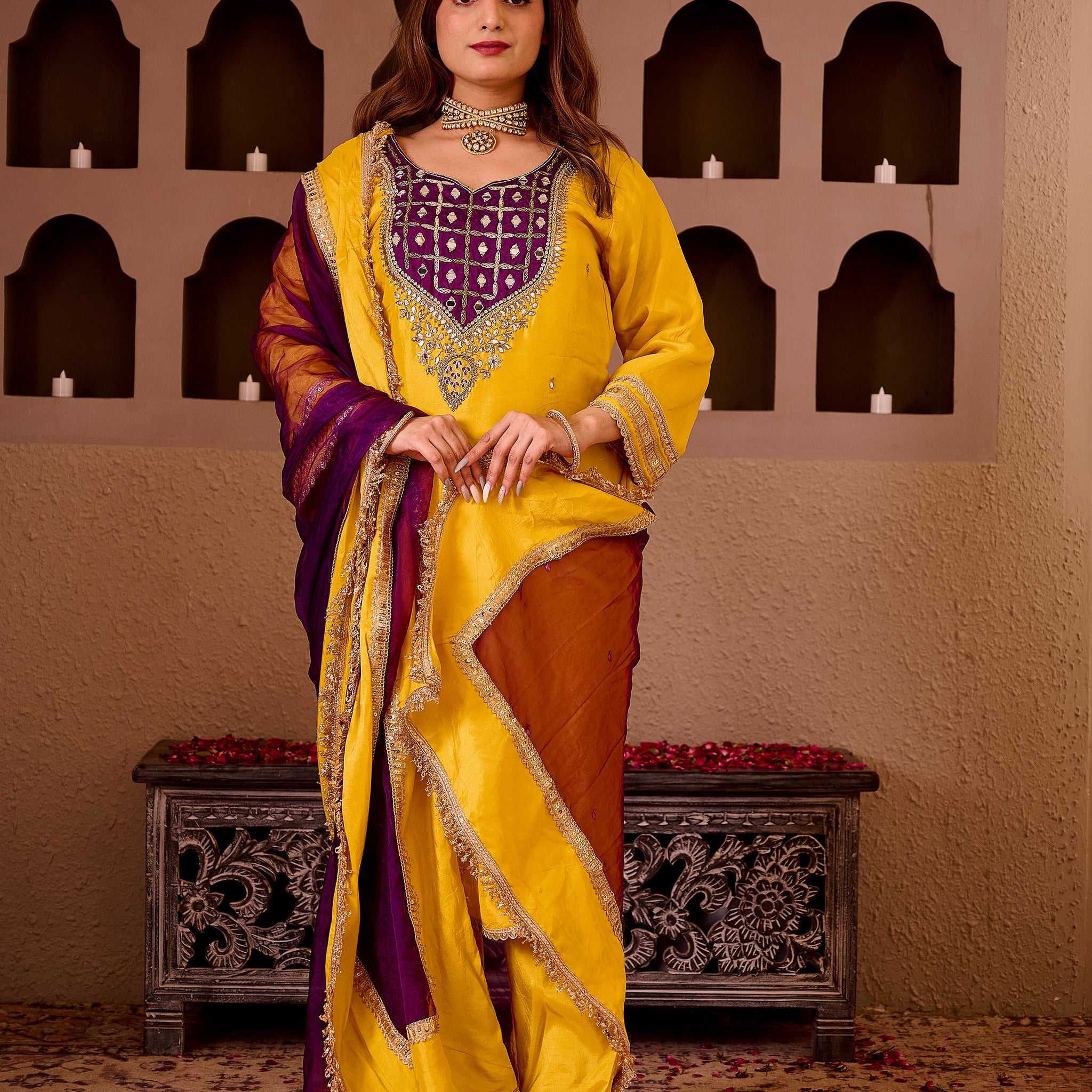 Sheeshphool Yellow Silk Hand Embroidered Suit Set