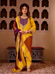 Sheeshphool Yellow Silk Hand Embroidered Suit Set