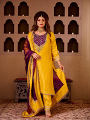 Sheeshphool Yellow Silk Hand Embroidered Suit Set