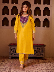 Sheeshphool Yellow Silk Hand Embroidered Suit Set