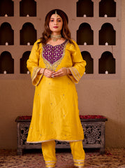 Sheeshphool Yellow Silk Hand Embroidered Suit Set