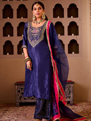 Ashnoor Navy Blue Silk Hand Embroidered Suit Set