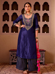 Ashnoor Navy Blue Silk Hand Embroidered Suit Set