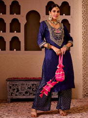 Ashnoor Navy Blue Silk Hand Embroidered Suit Set