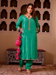 Suruchi Emerald Green Silk Hand Embroidered Suit Set