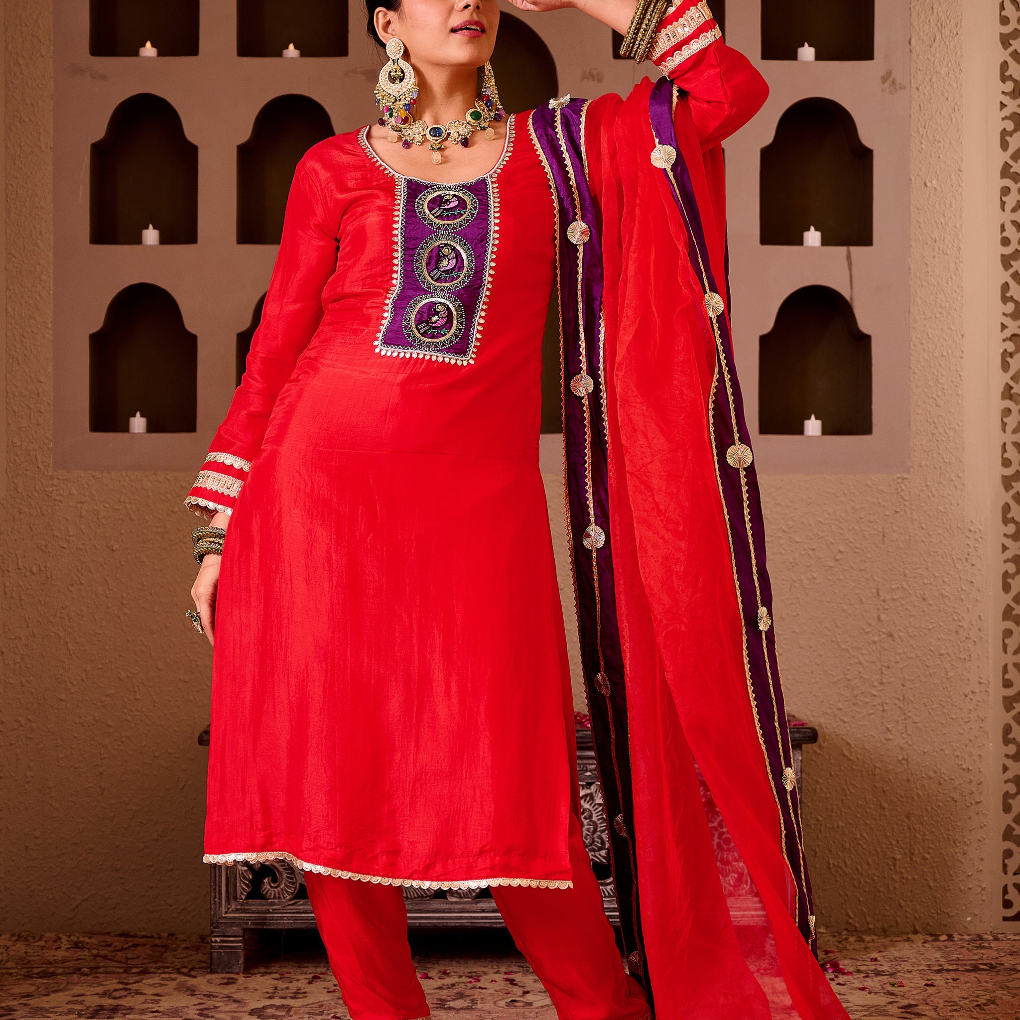Pakhi Red Silk Hand Embroidered Suit Set